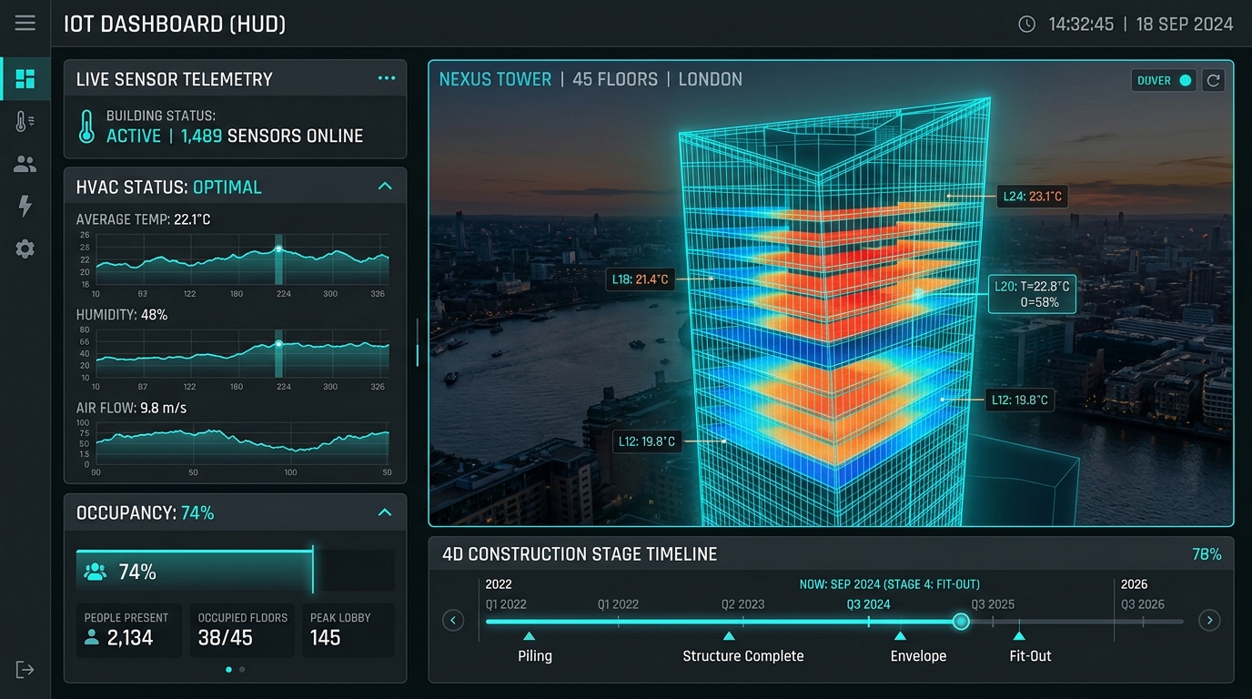 3D Smart Building IoT Telemetry & 4D Construction Phase Timeline Integration Systems