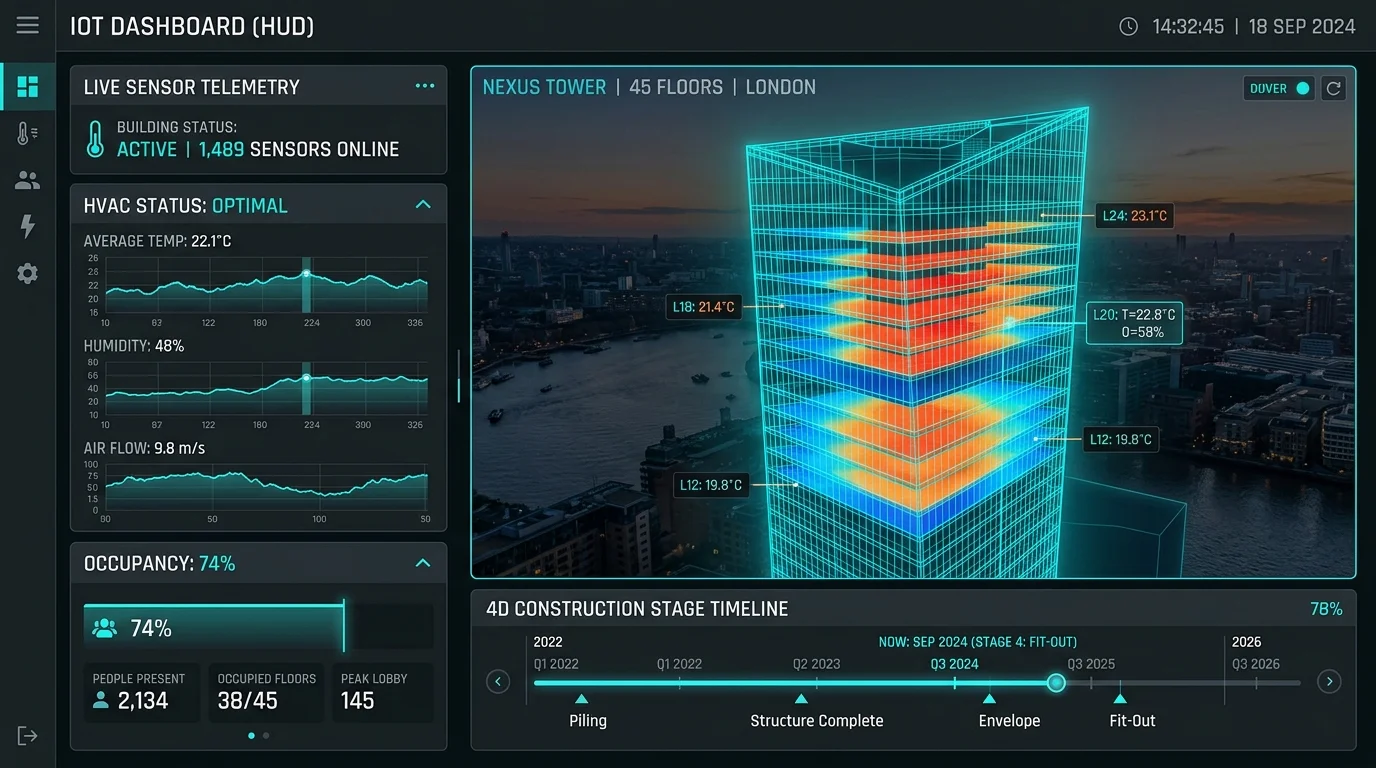 3D Smart Building IoT Telemetry & 4D Construction Phase Timeline Integration Systems